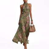 Livia | Abito maxi con scollo all'americana e motivi floreali