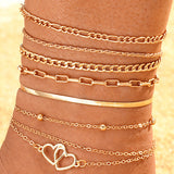 Set di Cavigliere Boho a Doppio Cuore da 7 Pezzi