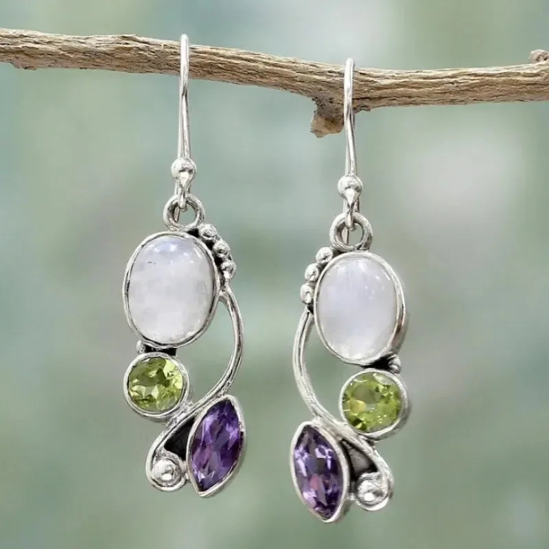 Luminous Drop Earrings in Moonstone, Amethyst, and Peridot