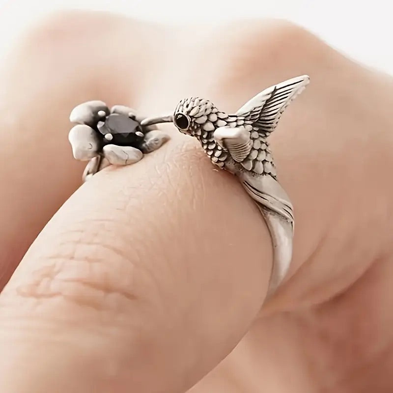 Anello Aperto Colibrì e Fiore