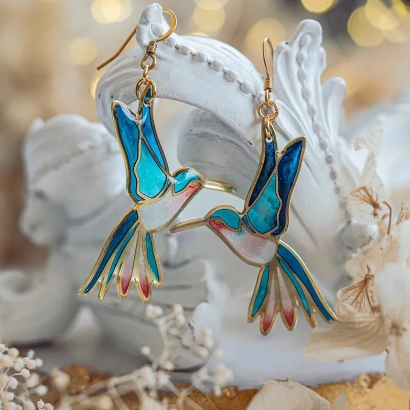 Orecchini a Goccia Colibrì in Smalto Blu e Oro