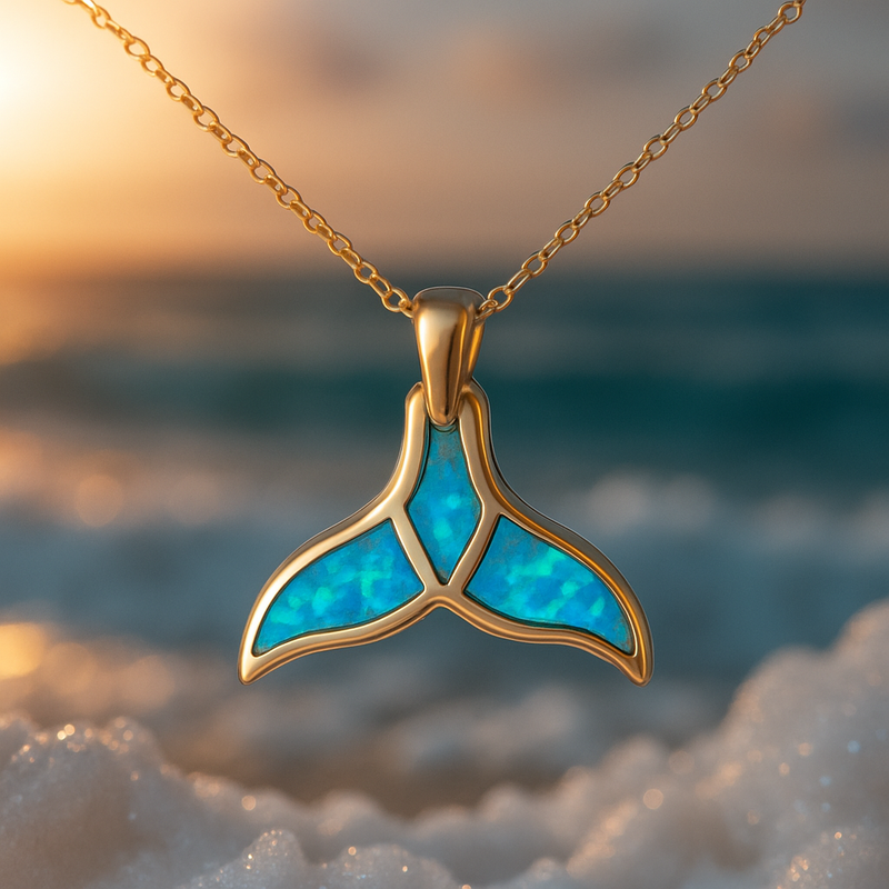 Collana D'Oro con Coda di Delfino e Opale Blu