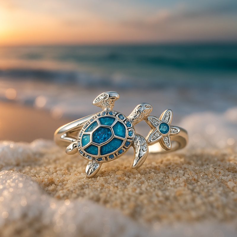 Anello Argentato con Tartaruga e Opale Blu