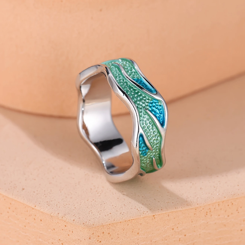 Anello con Smalto a Forma di Onda dell'Oceano
